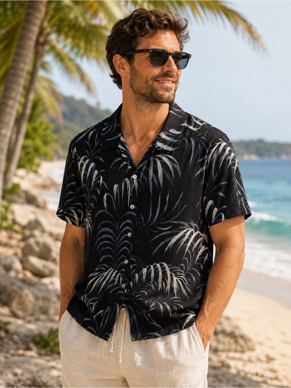 Vintage Tommy Bahama Black and Gray Palm-Print Short-Sleeve Button-Down Shirt